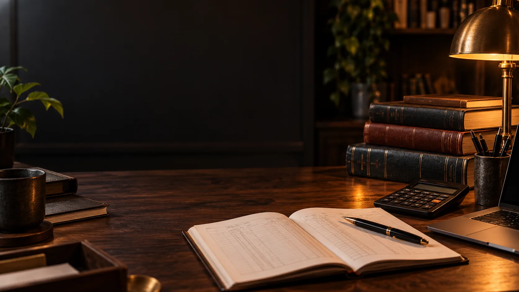 Accounting books, calculator and study desk